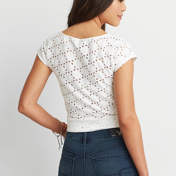 | aeo • white cropped eyelet twist top • small | - Picture 2 of 4